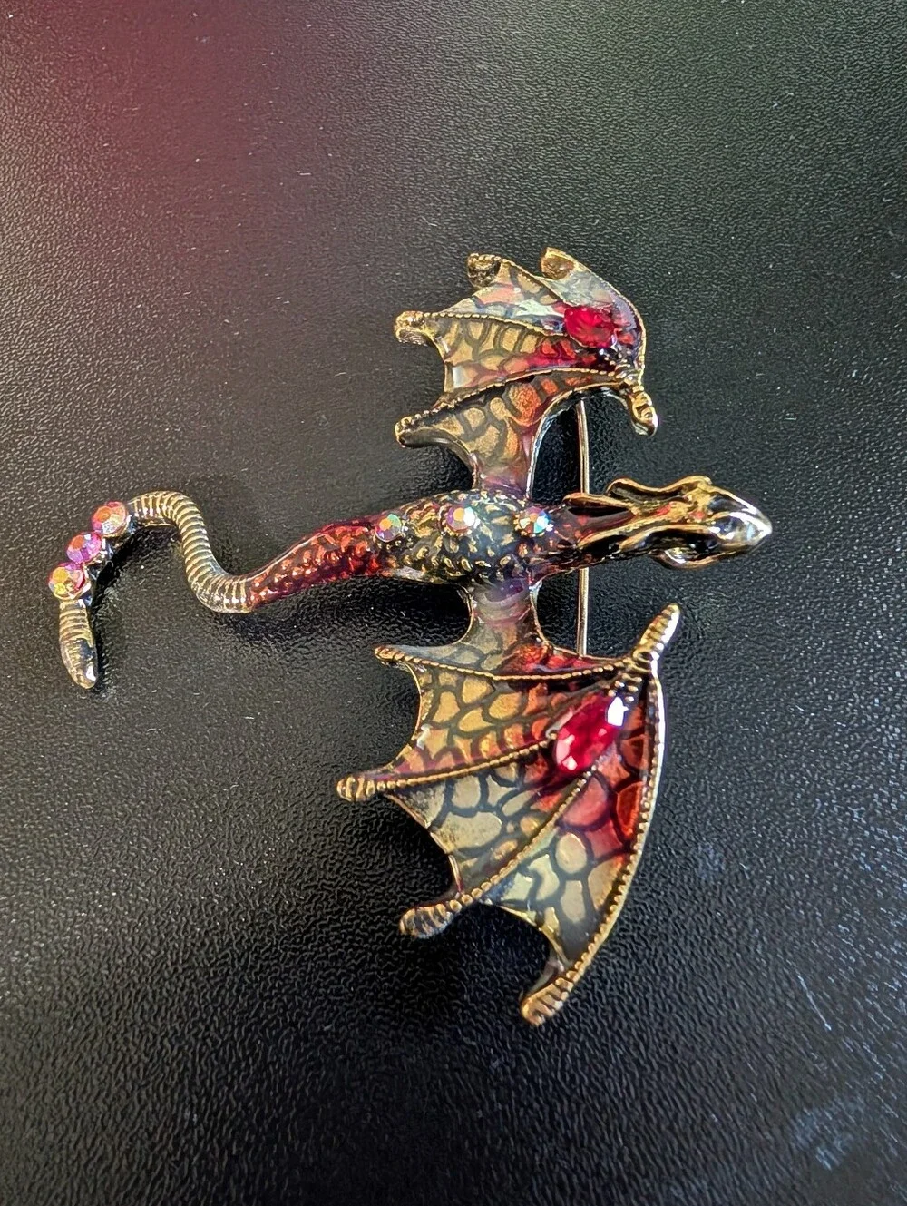 Red Dragon Enamel Brooch with Red Crystal Accents - Picture 1 of 8